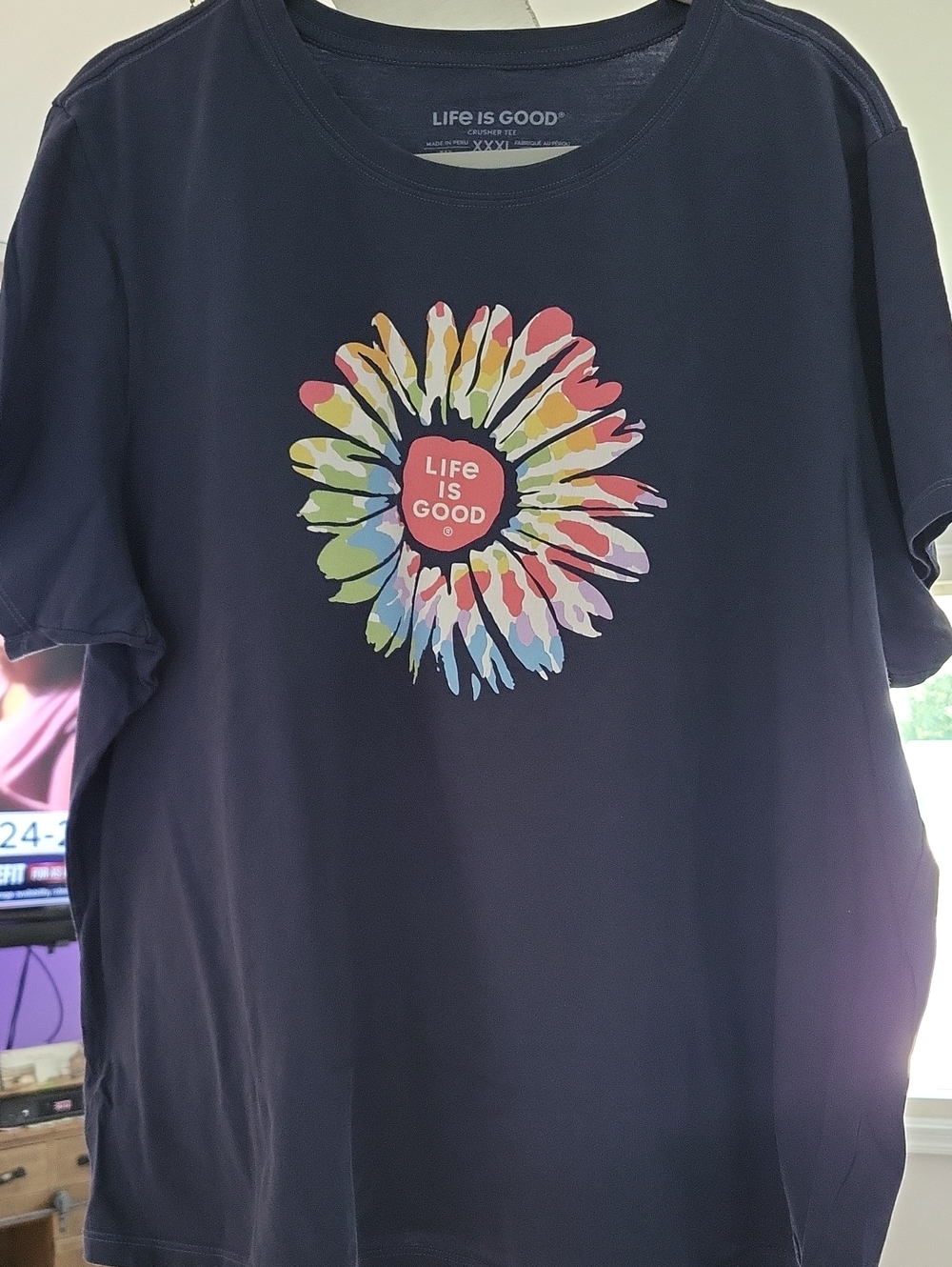 Life Is Good Navy Tee with Multicolor Daisy Graphic